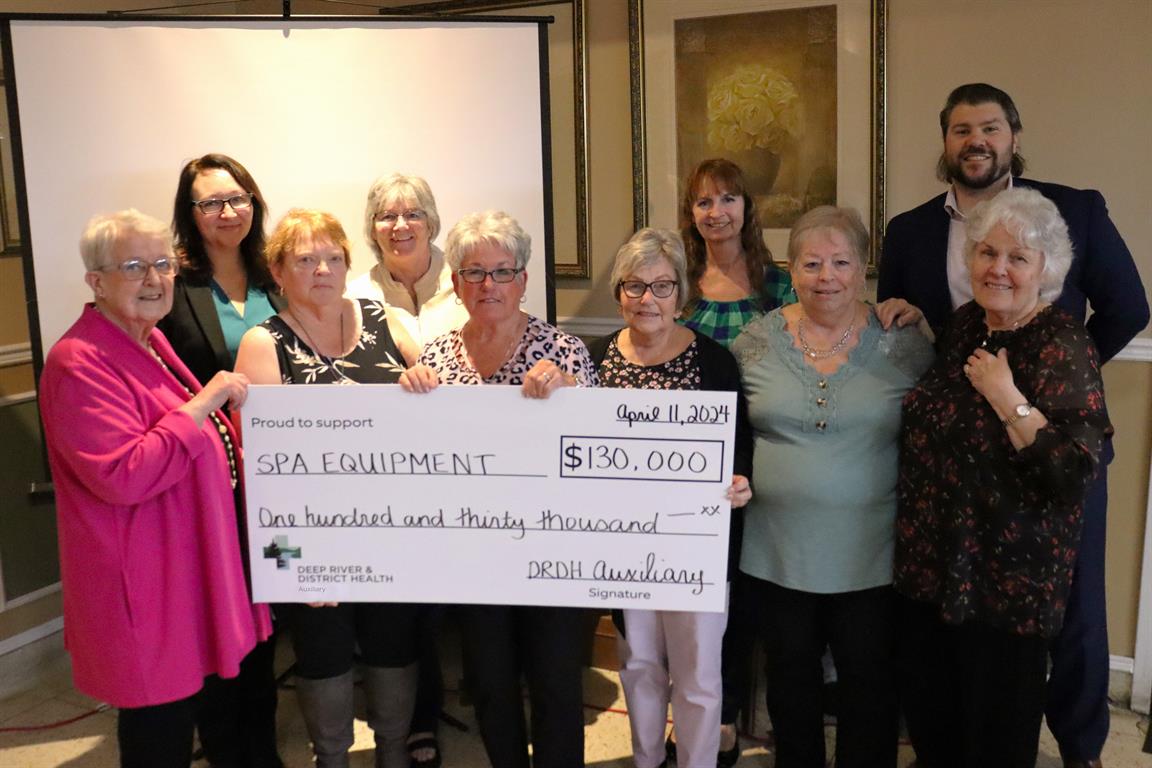 Pictured here are DRDH Auxiliary Executive Members Annabell Harvey, Janna Hotson – DRDH President and CEO, Eileen Burke, Patricia Clouthier, Lee-an Baker, Marguerite Santone, Jane Pecoskie, Marie Charbonneau, William Willard – DRDH Executive Vice President and CFO, and Judith Cloutier.  